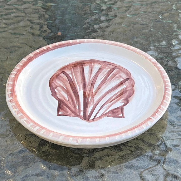 Brown & White Pottery Dish with Sea Shell in Center and Carved Edges - Picture 6 of 10